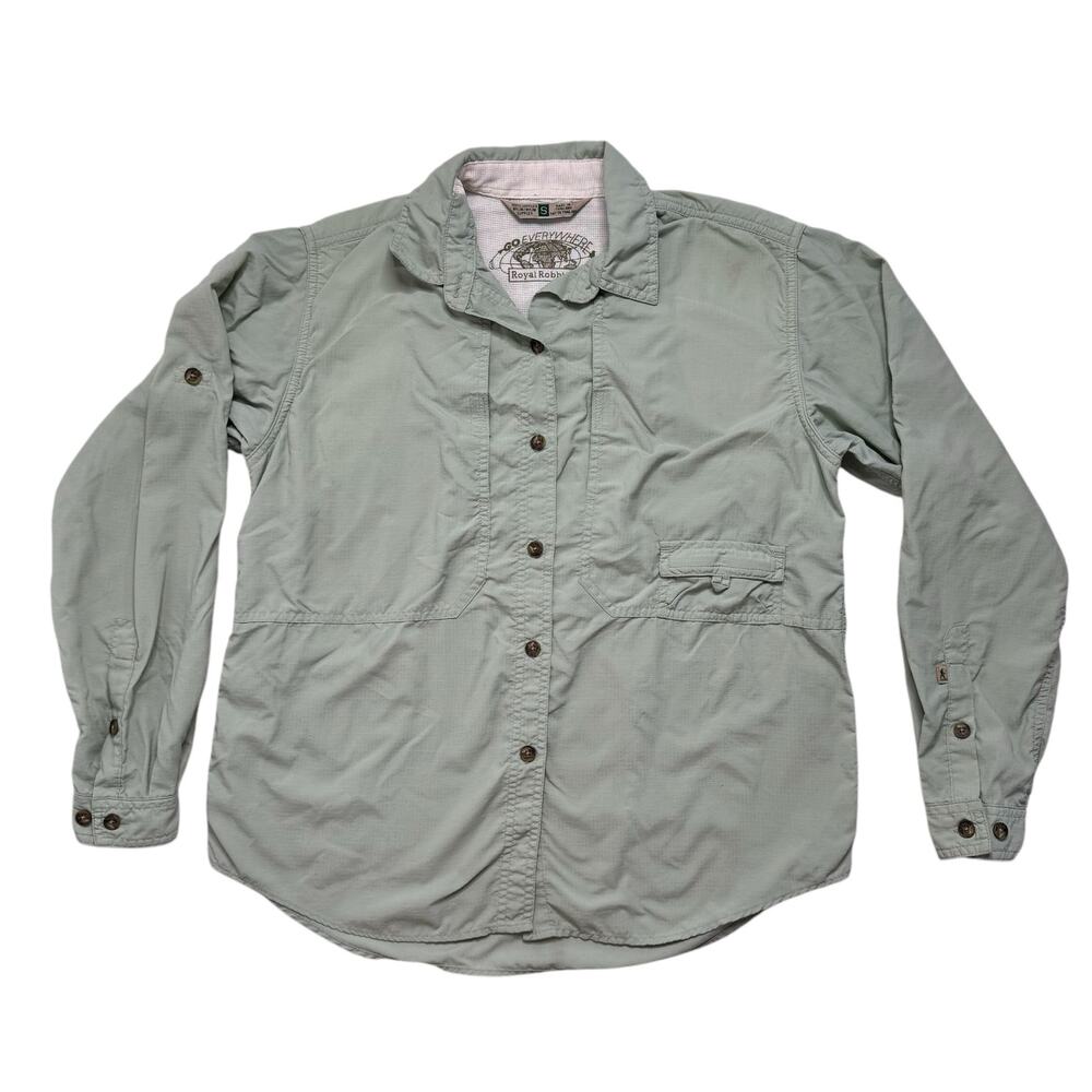 ROYAL ROBBINS Supplex Nylon Camp Shirt in Pale Green Sz Small Mens Stripe Pocket
